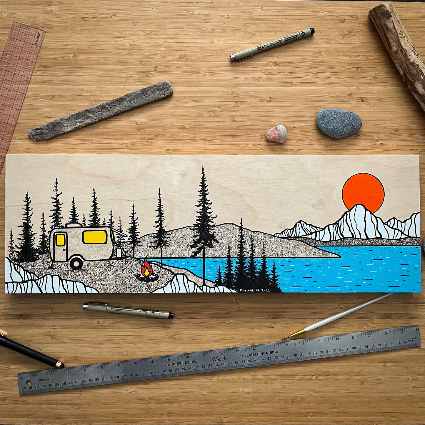 The Perfect Campsite Doesn’t Exisit- ORIGINAL 8x24 Wood Panel Illustration