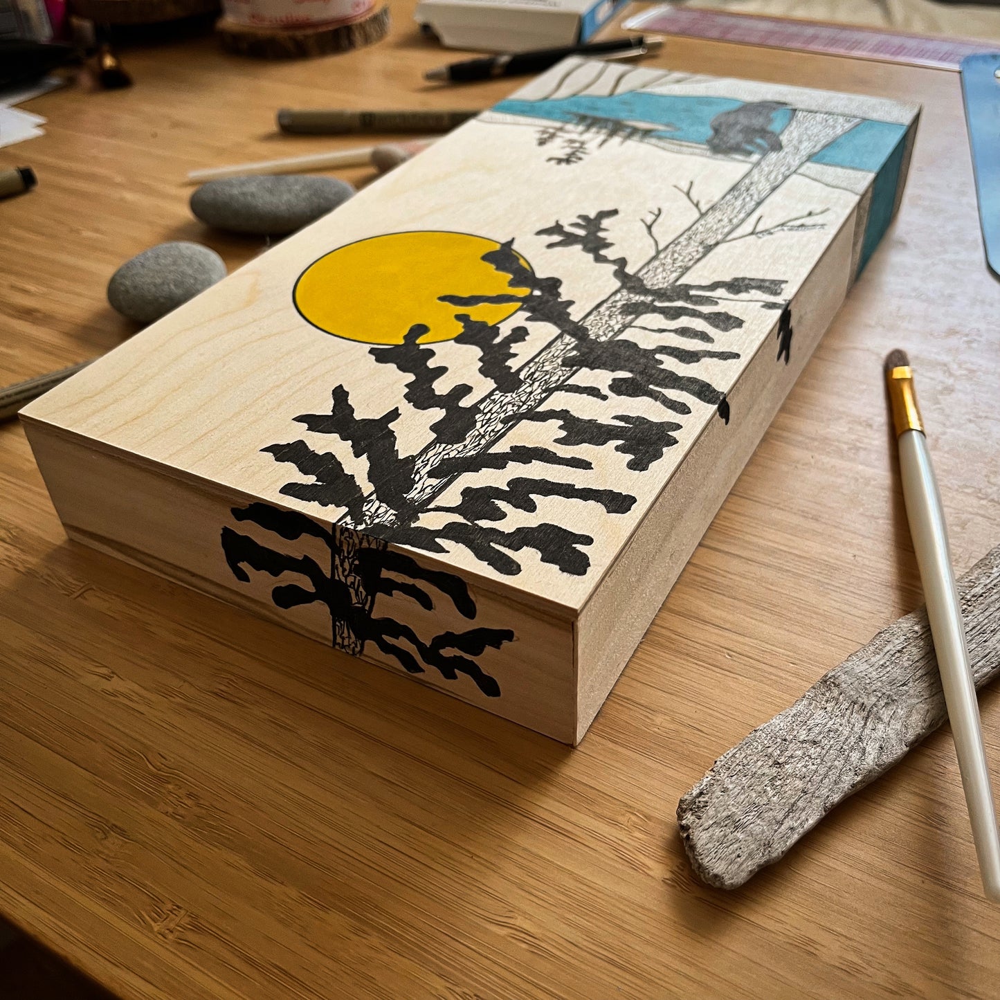 The Curious Bear - ORIGINAL 6x16 Wood Panel Illustration