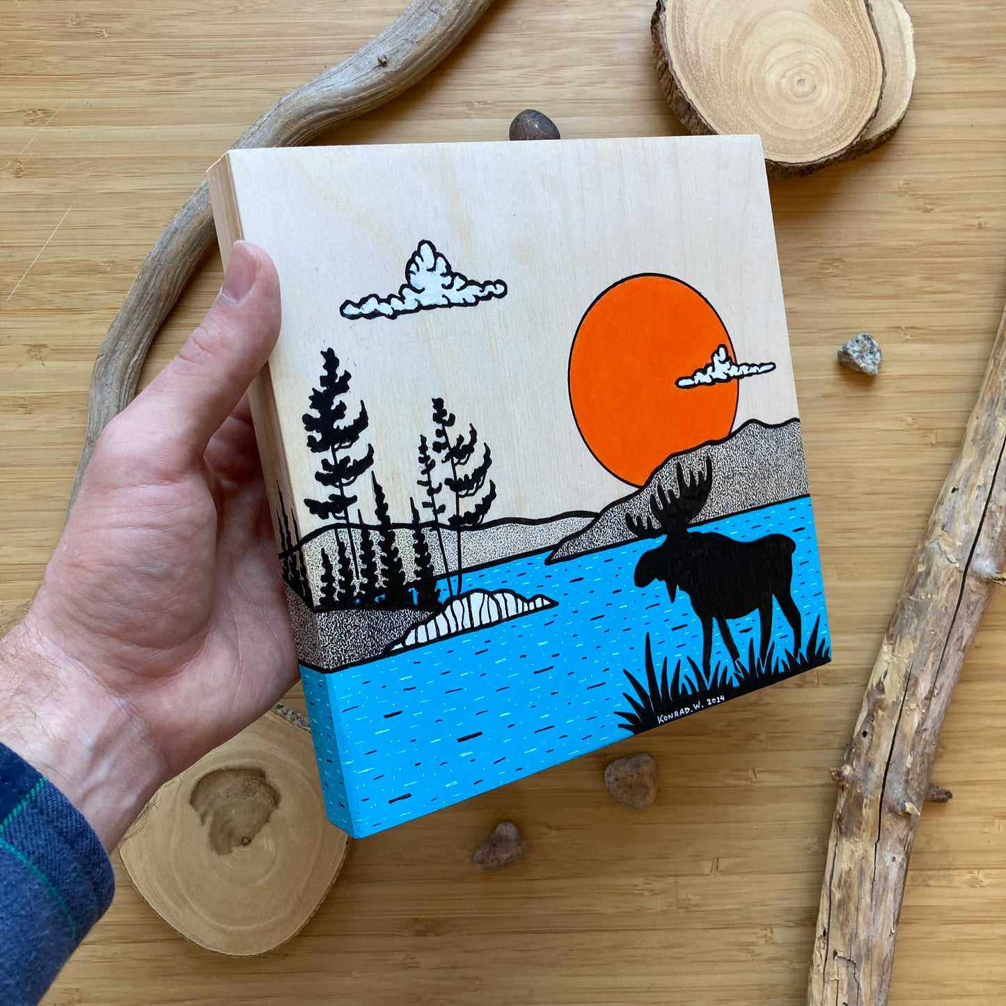 Moose By The Lake - ORIGINAL 8x8 Wood Panel Illustration