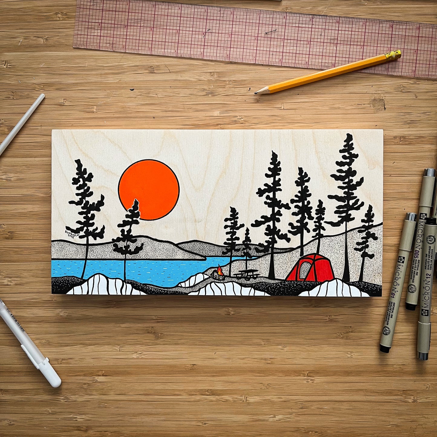 I Love Camping - ORIGINAL 6x12 Wood Panel Illustration