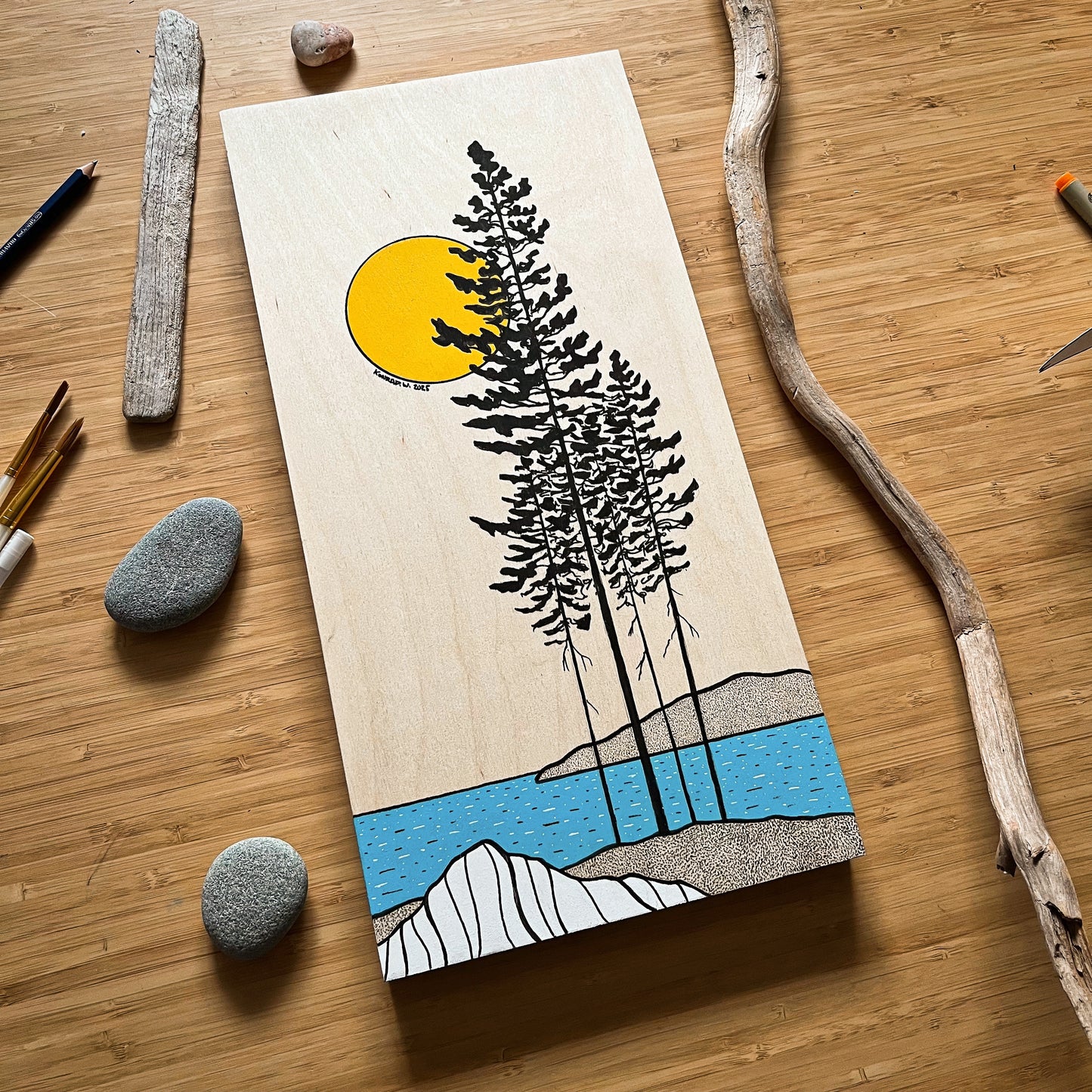 The Trees Along The Shore - ORIGINAL 6x16 Wood Panel Illustration