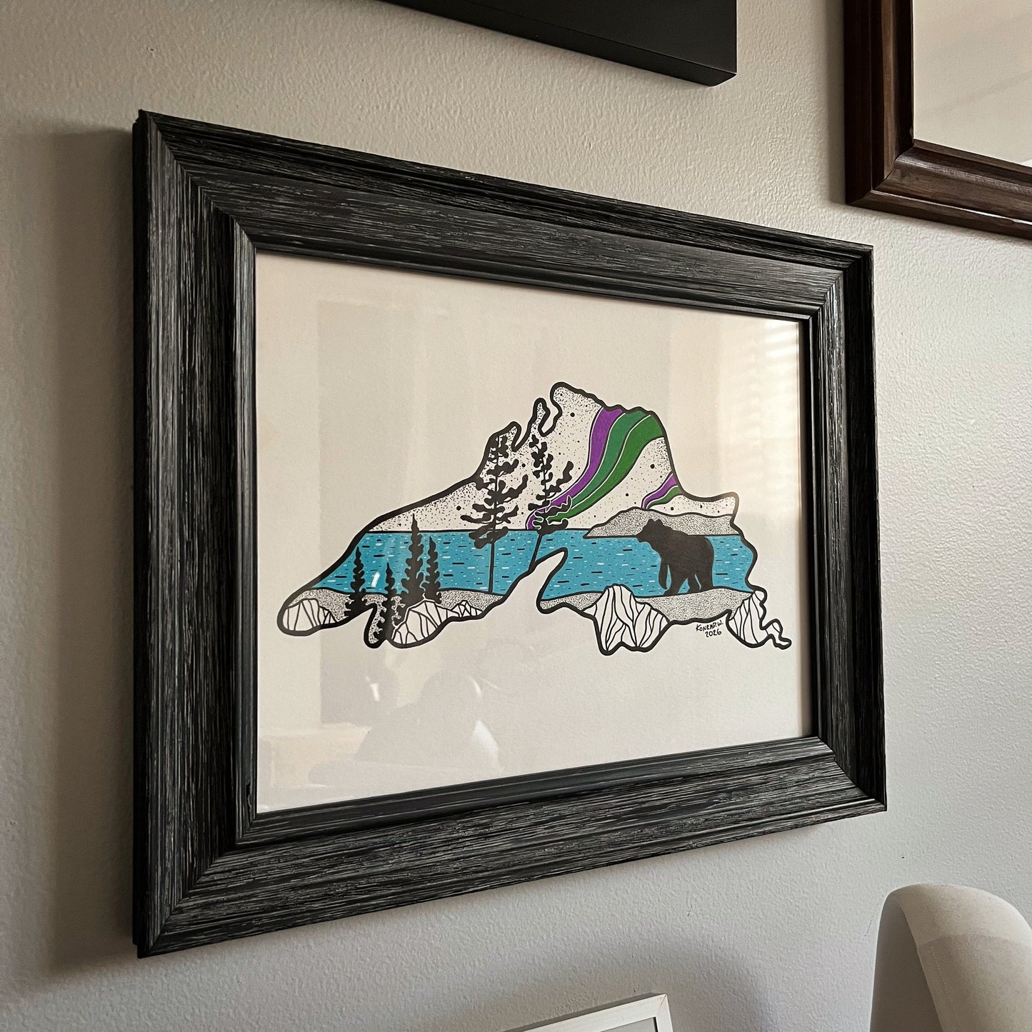 Lake Superior Aurora Borealis - ORIGINAL 9x12 Framed Illustration