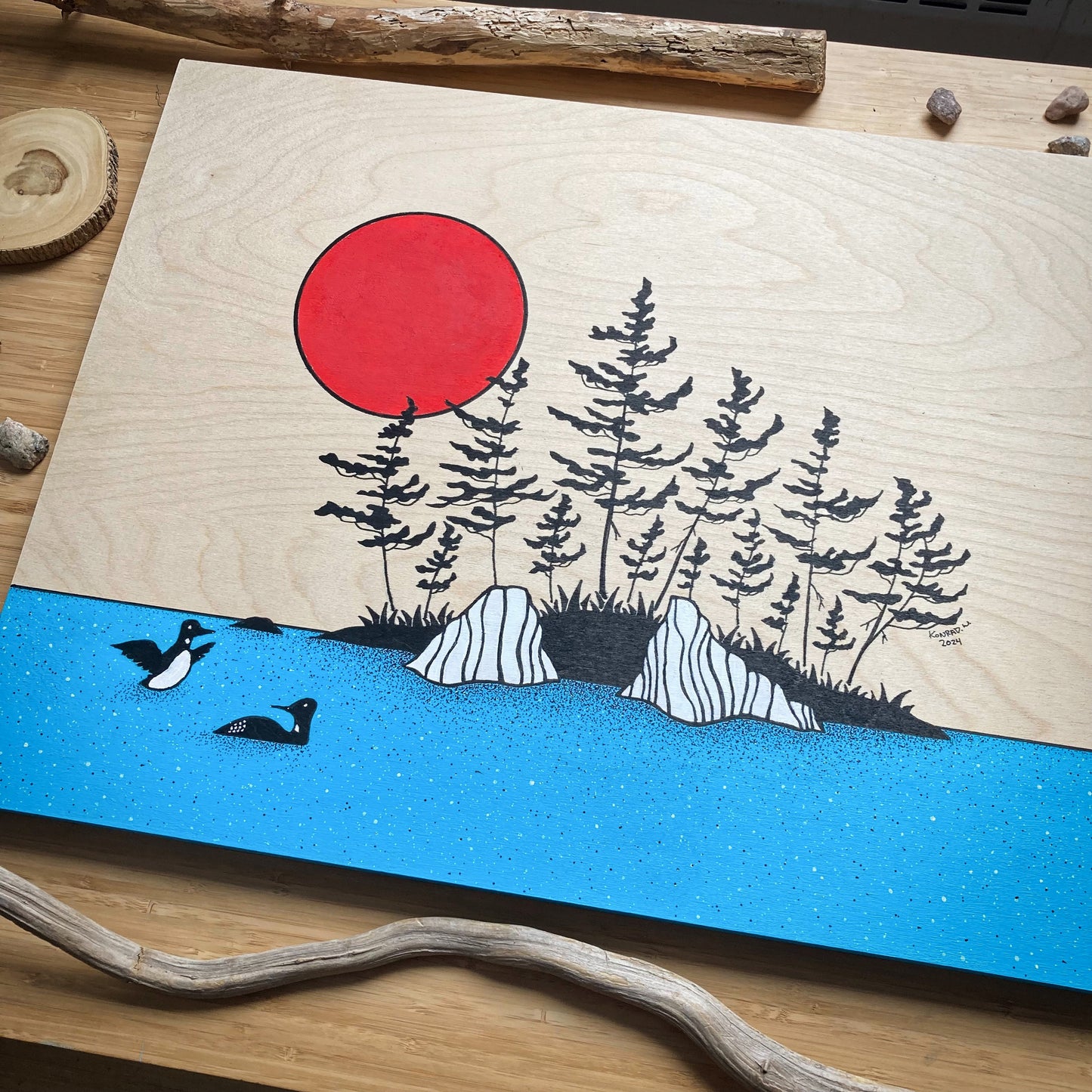 The Island With The Loons - ORIGINAL 18x24 Wood Panel Illustration