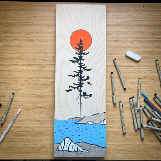 The Tall Pine - ORIGINAL 8x24 Wood Panel Illustration