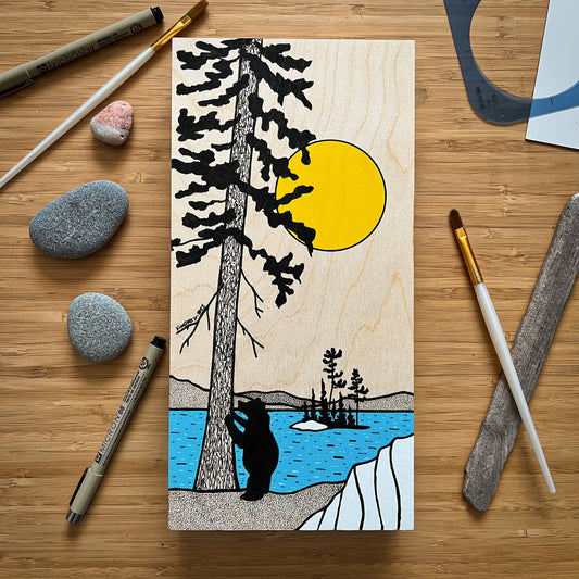 The Curious Bear - ORIGINAL 6x16 Wood Panel Illustration