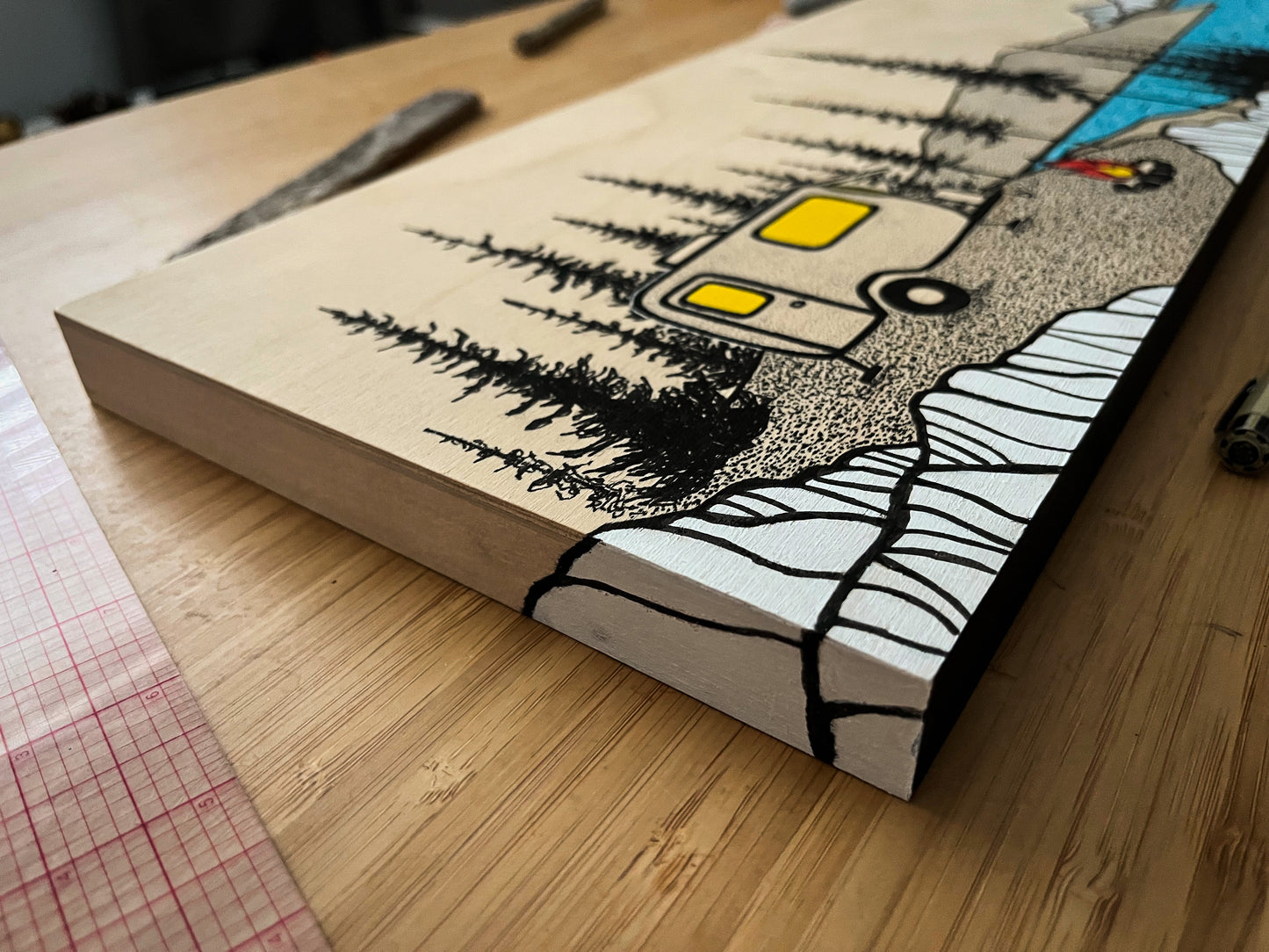 The Perfect Campsite Doesn’t Exisit- ORIGINAL 8x24 Wood Panel Illustration