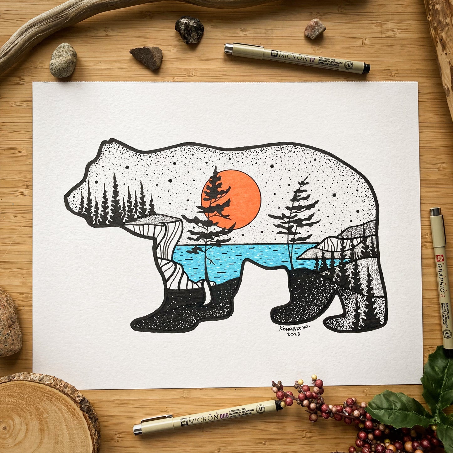 Bear Silhouette - ORIGINAL 11x14 Pen and Ink Illustration