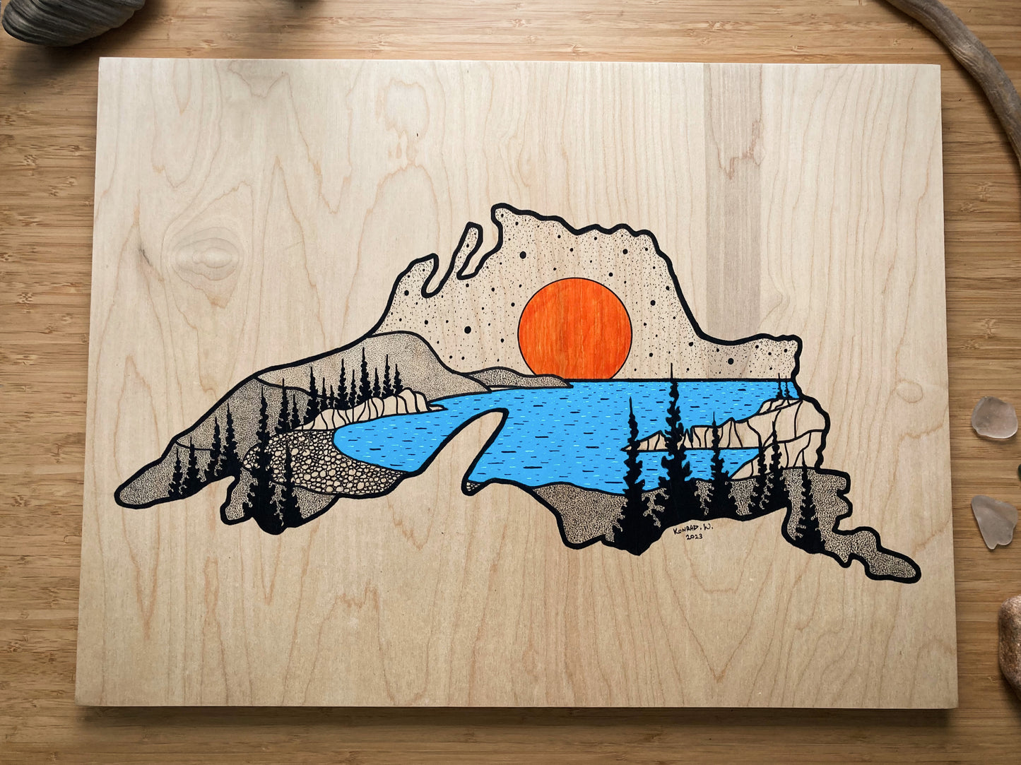 Noisy Bay - Lake Superior - ORIGINAL 18x24 Wood Panel Illustration