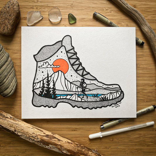 Hiking in the Mountains - Hiking Boot - 8x10 ORIGINAL Pen and Ink Illustration