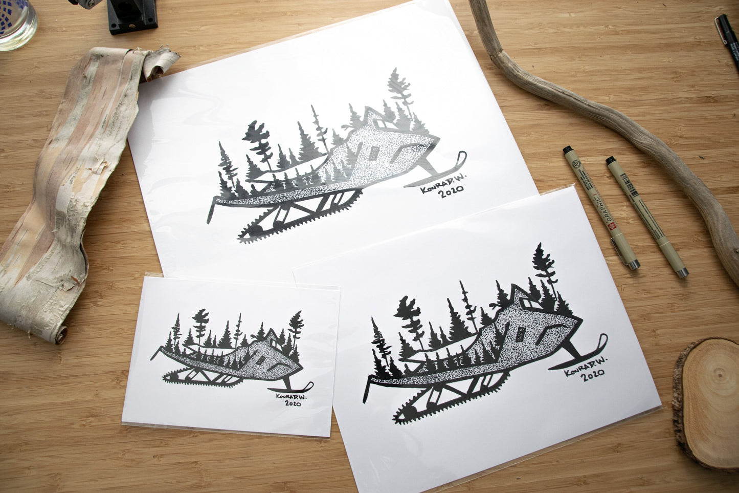 Snowmobile Silhouette - Pen and Ink PRINT