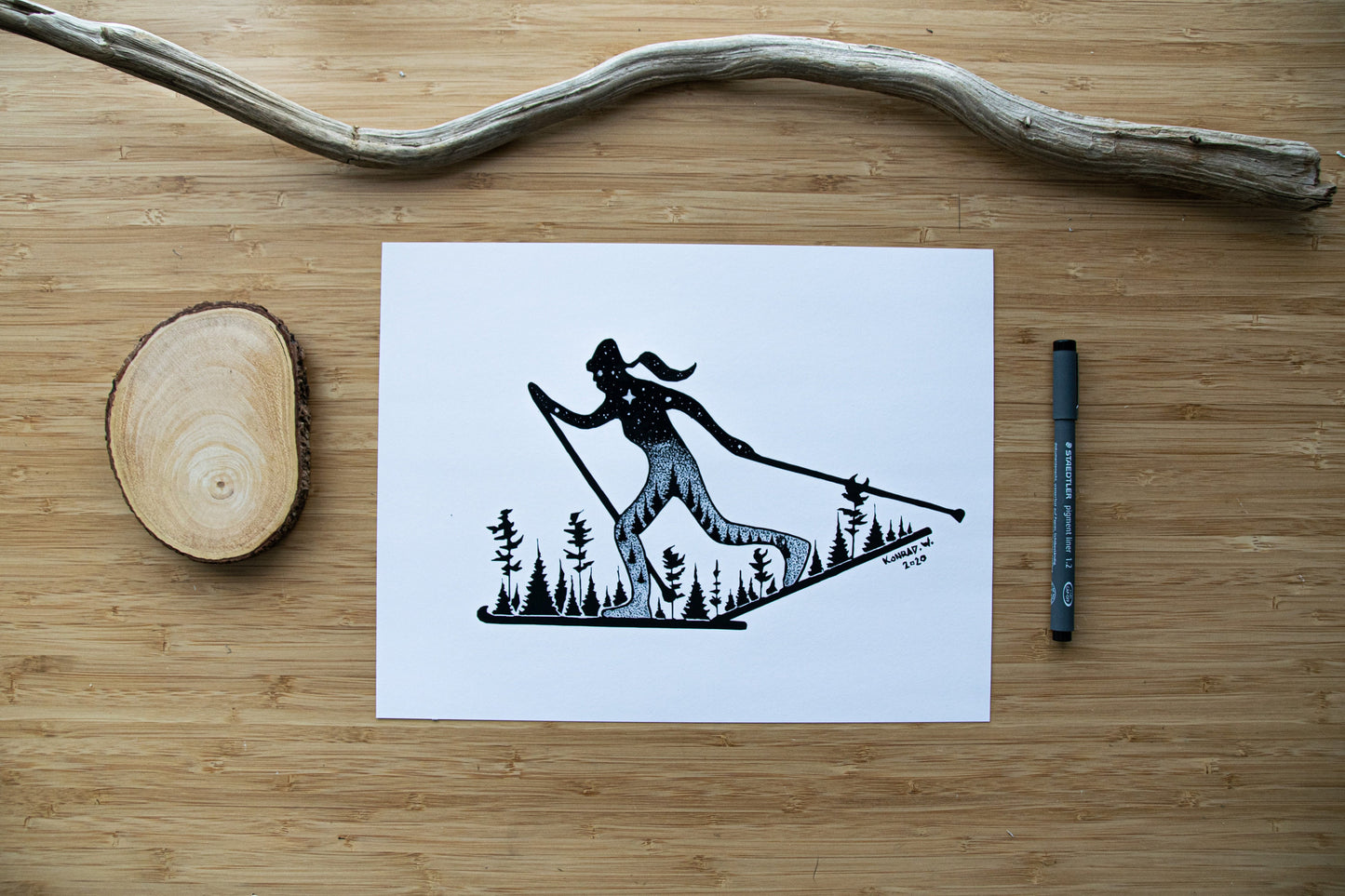 Female Nordic Skier - Pen and Ink PRINT