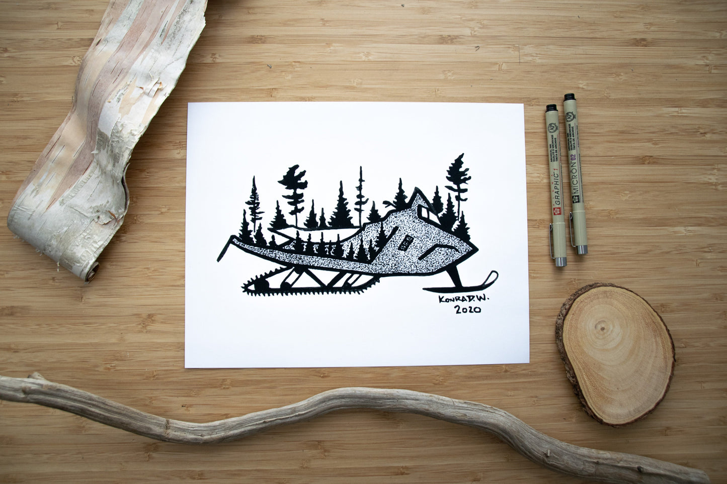 Snowmobile Silhouette - Pen and Ink PRINT