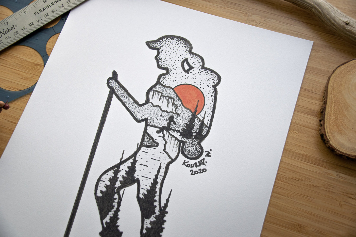 Hiking Girl - Pen and Ink PRINT