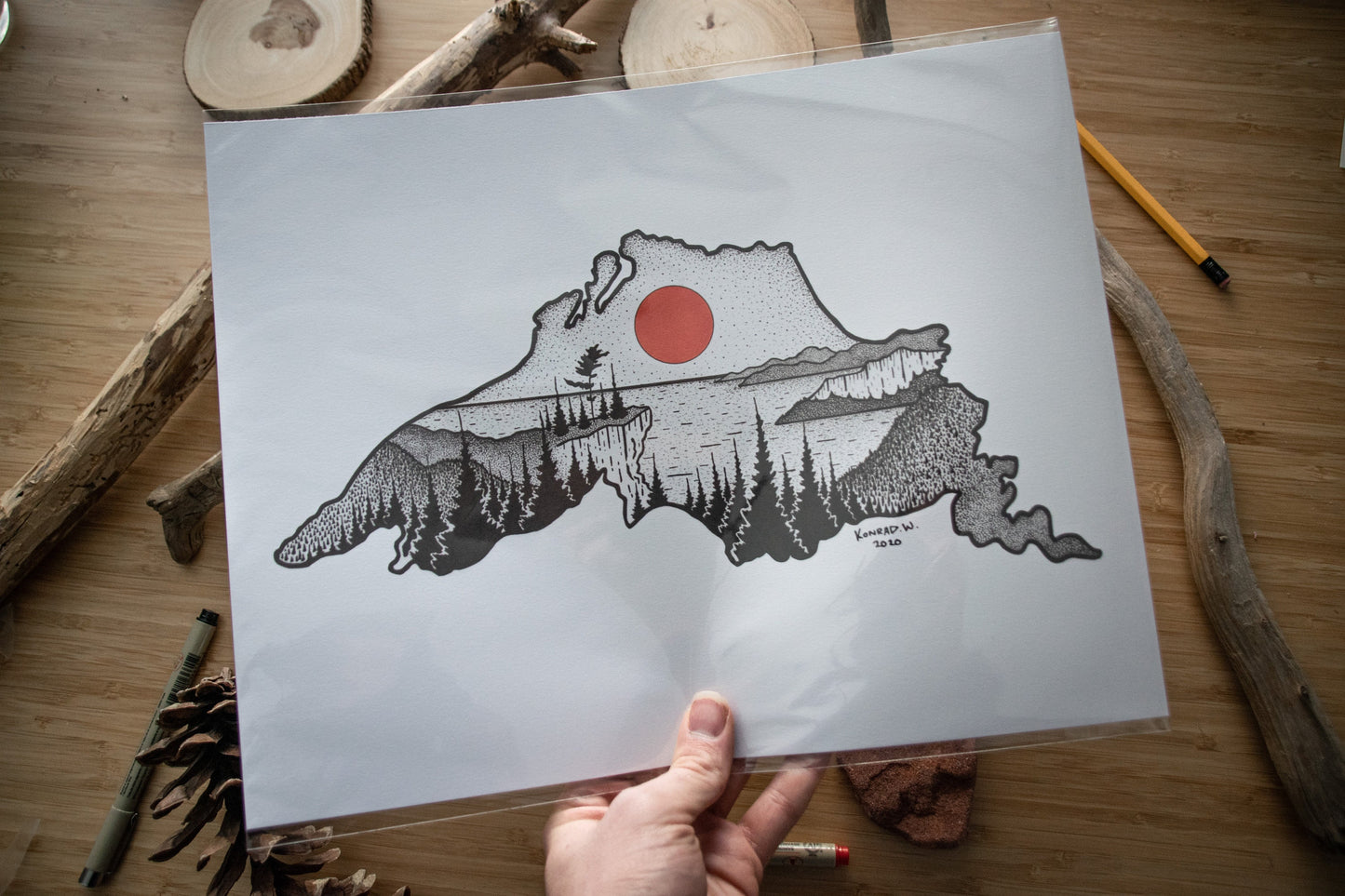 Lake Superior Silhouette - Pen and Ink PRINT - (2020 Design)