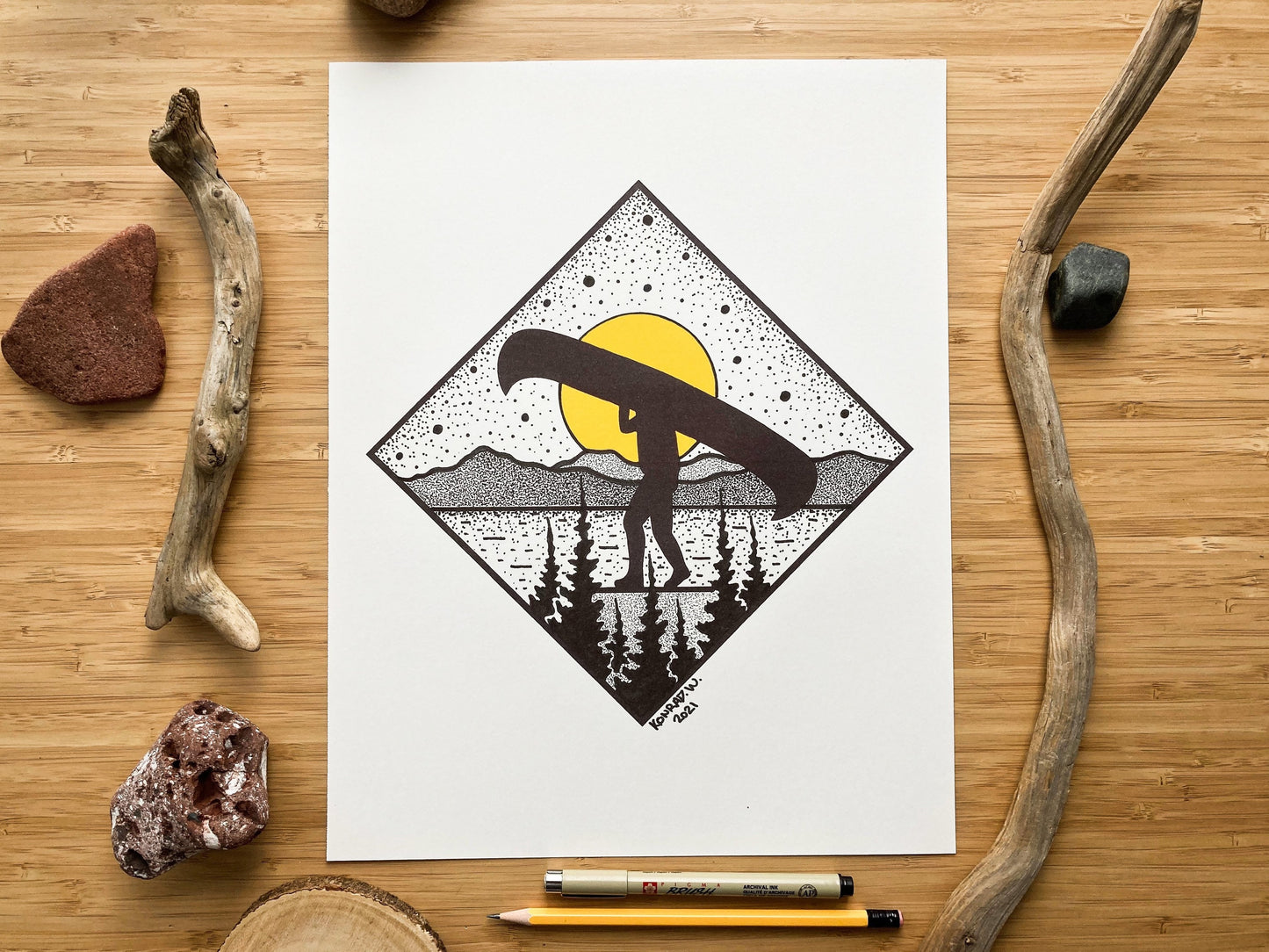 Canoe Portage - Pen and Ink PRINT