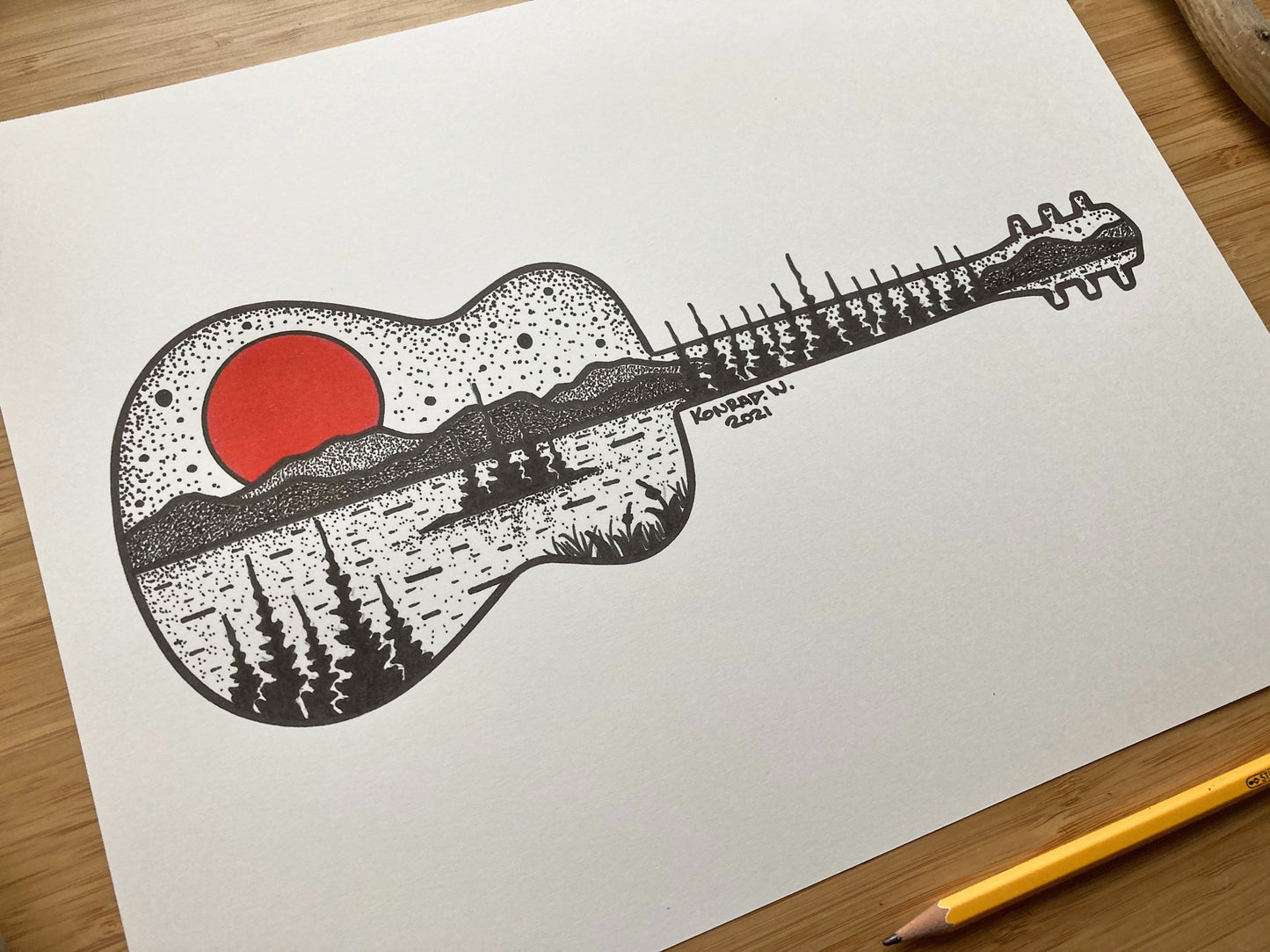 Guitar Silhouette - Pen and Ink PRINT