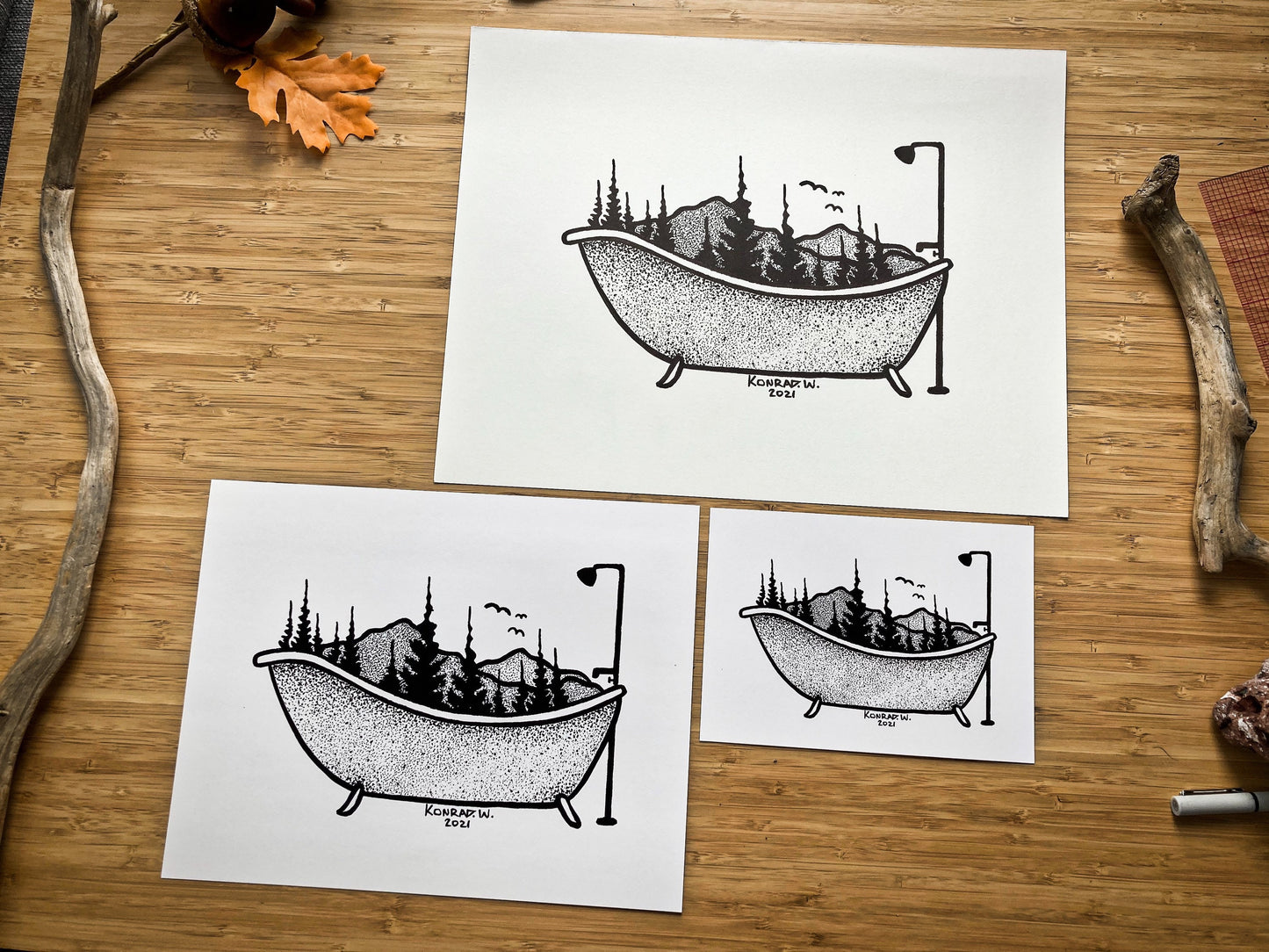 Clawfoot Bathtub - Nature Themed Pen and Ink PRINT