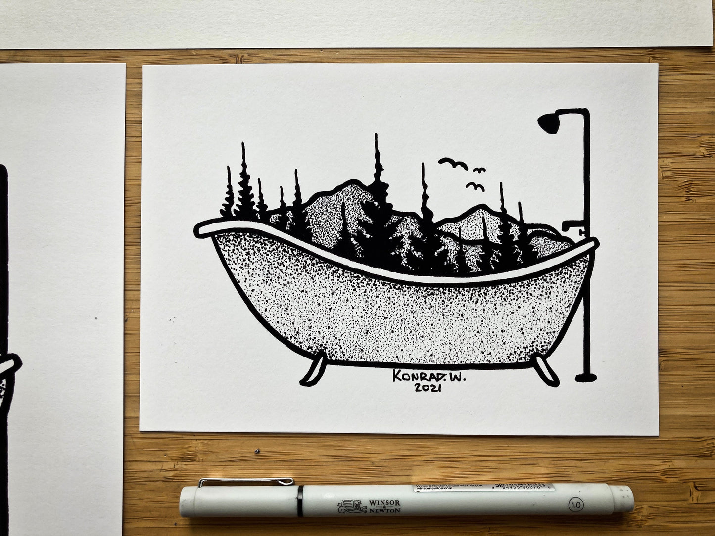 Clawfoot Bathtub - Nature Themed Pen and Ink PRINT