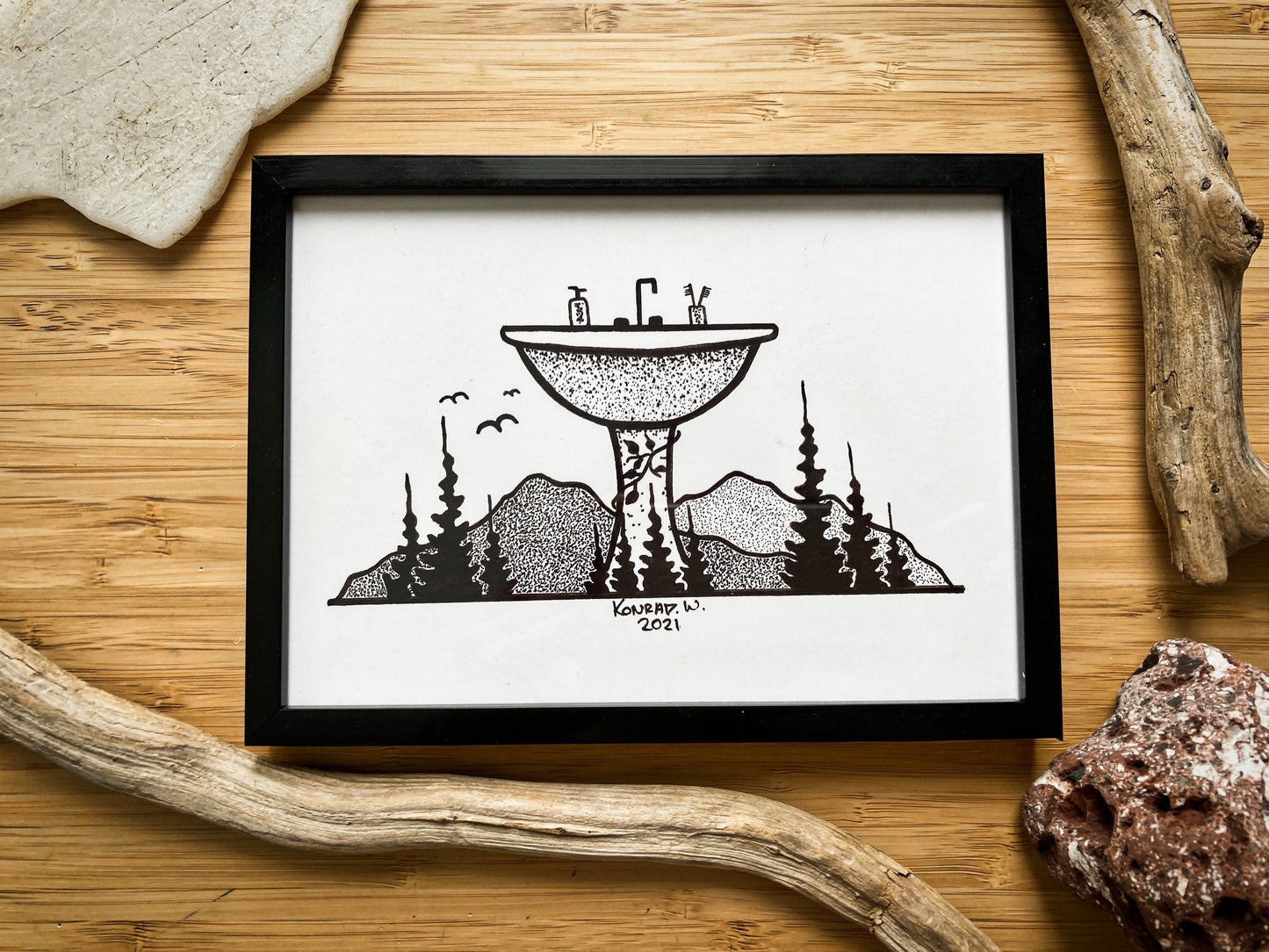 Bathroom Sink - Nature Themed Pen and Ink PRINT