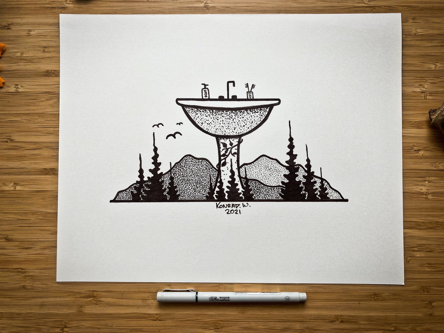 Bathroom Sink - Nature Themed Pen and Ink PRINT