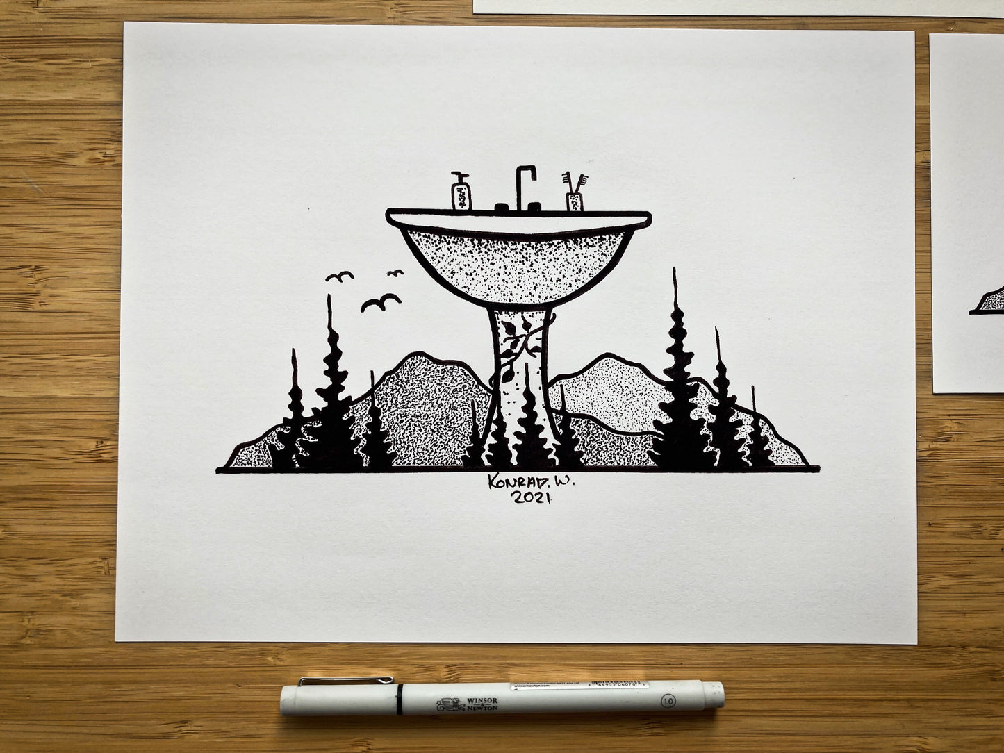 Bathroom Sink - Nature Themed Pen and Ink PRINT