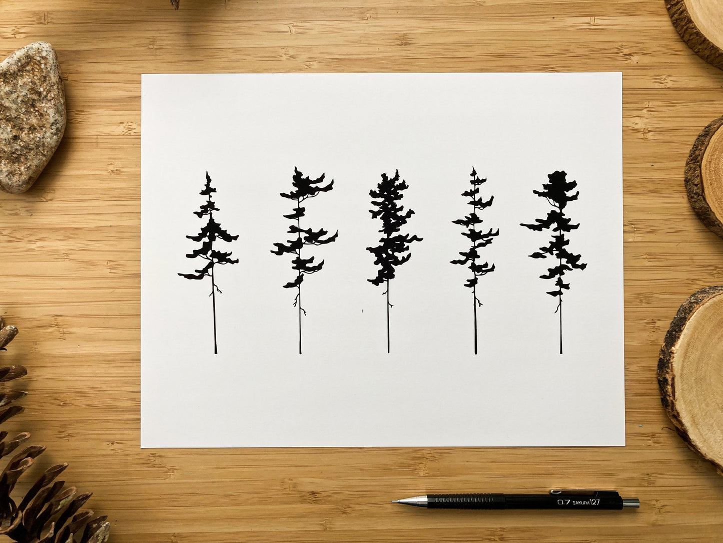 5 Pine Trees - Pen and Ink PRINT