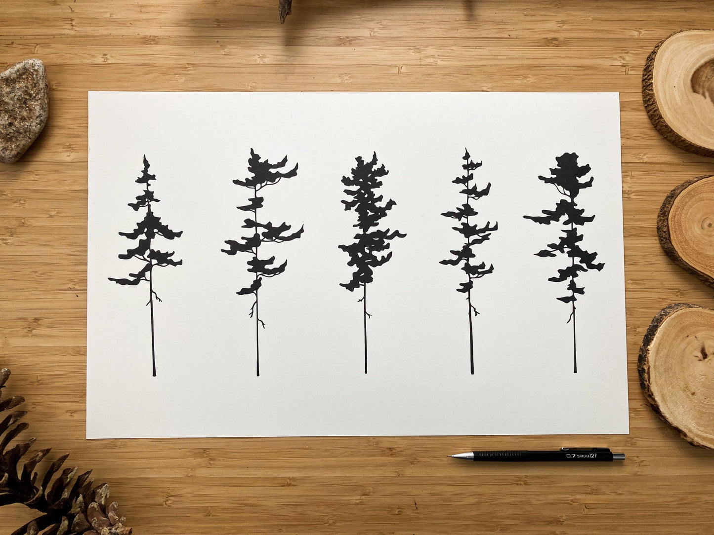 5 Pine Trees - Pen and Ink PRINT