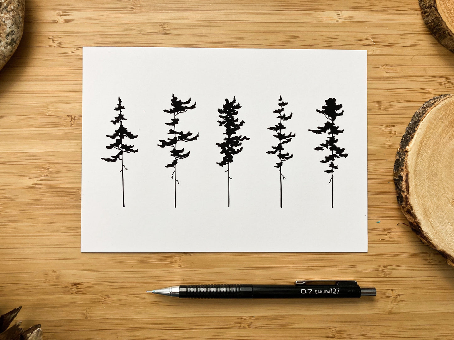 5 Pine Trees - Pen and Ink PRINT