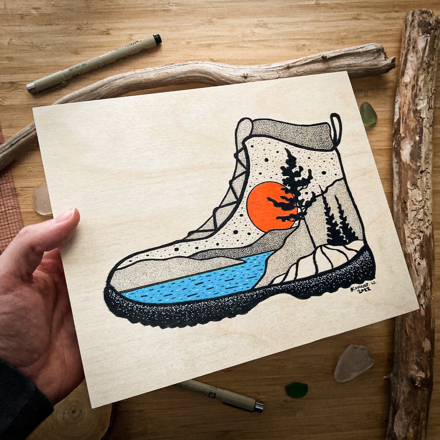 Hiking Boot - ORIGINAL 8x10 Wood Panel Illustration