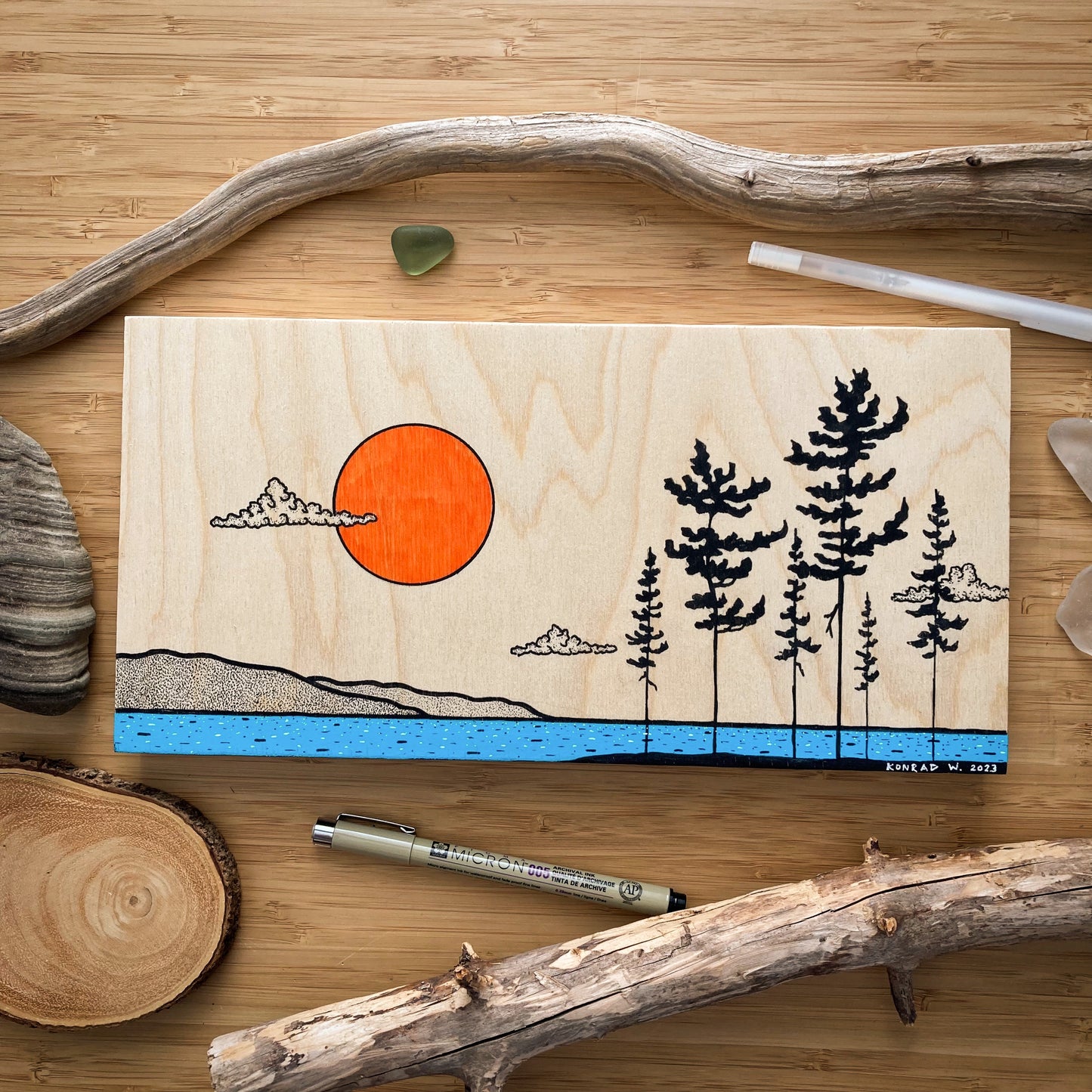 Pine Shore Panorama - ORIGINAL 6x12 Wood Panel Illustration