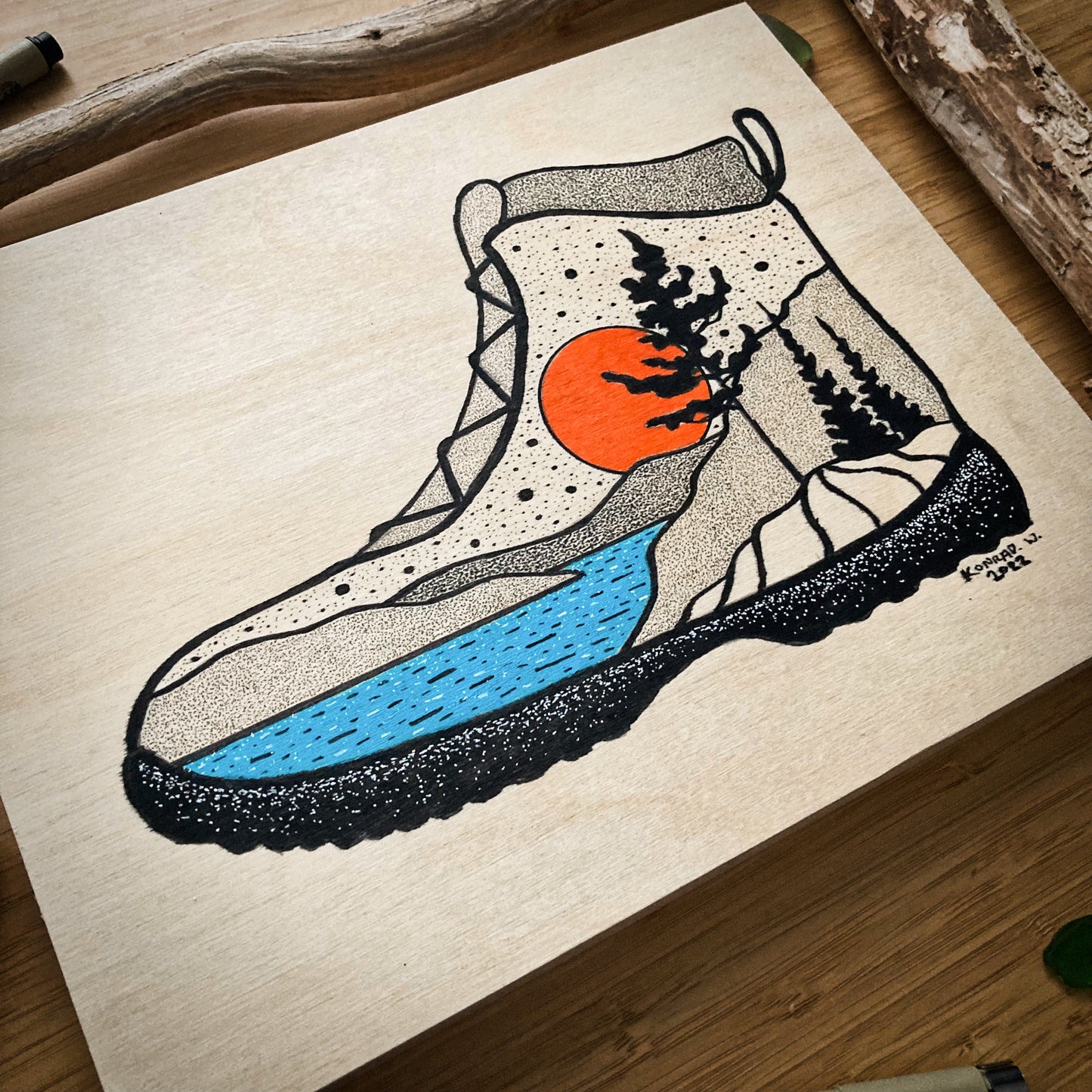 Hiking Boot - ORIGINAL 8x10 Wood Panel Illustration