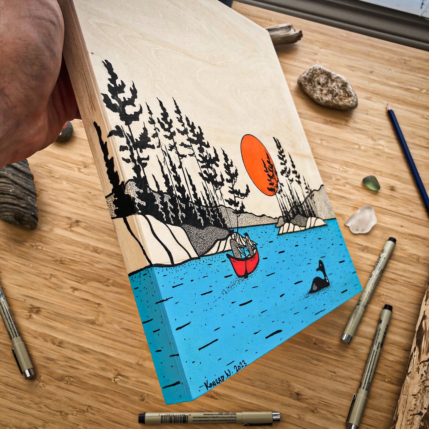 Paddling in the North - ORIGINAL 12x12 Wood Panel Illustration
