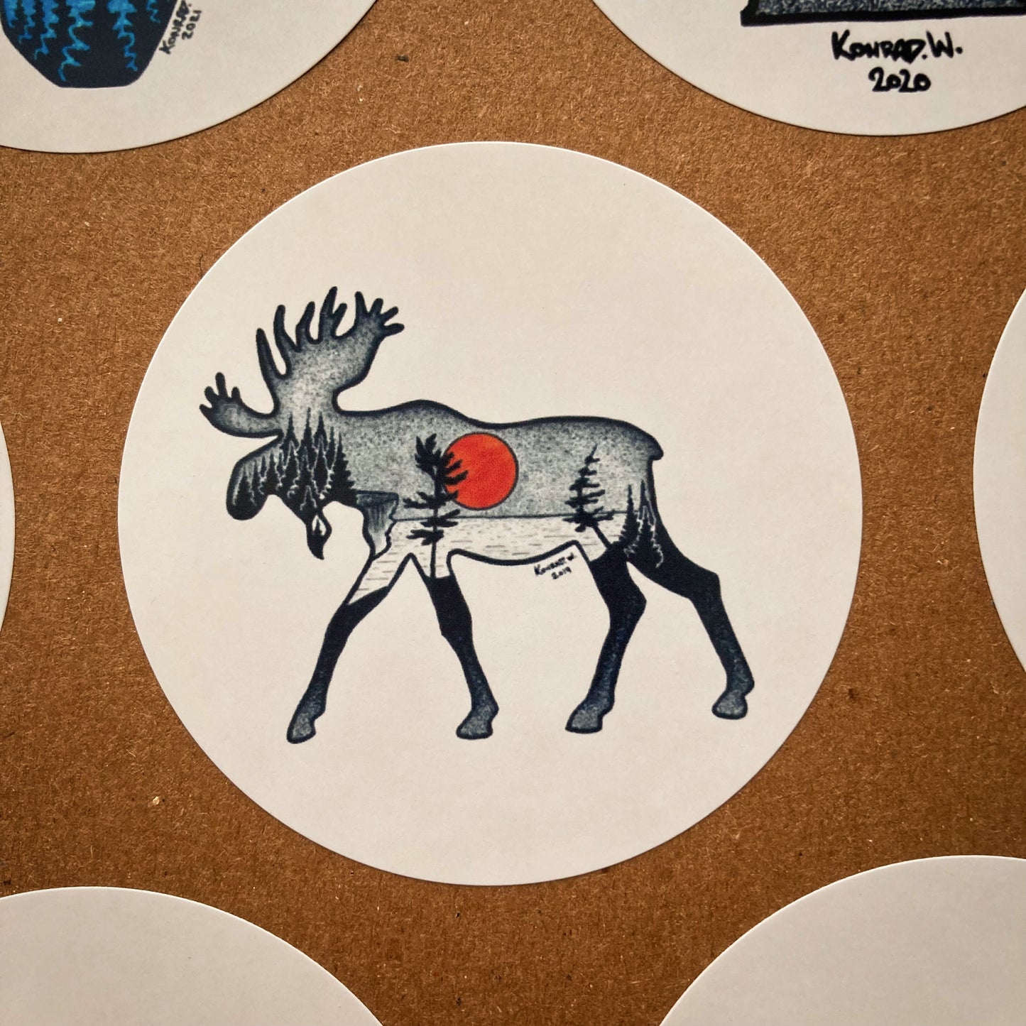 Orange Sun Moose Circle Sticker